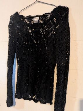 Black Crochet Long-Sleeve Sweater - , Women Sweaters
